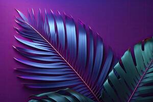 een groot vers palm blad Aan een duotoon paars-violet-blauw. illustratie ai generatief foto