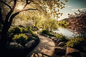 een mooi kleurrijk voorjaar natuurlijk landschap. illustratie ai generatief foto