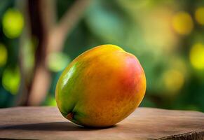 rijp mango Aan een houten tafel tegen de backdrop van een groen tuin. ai gegenereerd foto