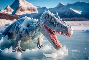 glaciaal periode. uitsterven van de dinosaurussen. reptiel ingegroeide in ijs. ai gegenereerd foto