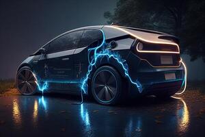 elektrisch auto elektromobiel eco vervoer, auto motor motor met ecologisch energie, kaart model- met lichten en draad, generatief ai foto