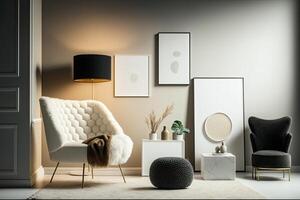 minimalistische samenstelling van elegant leven kamer ruimte. illustratie ai generatief foto