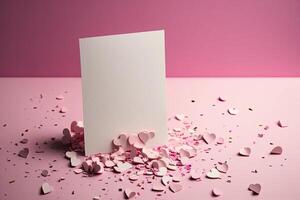 blanco papier kaart bespotten omhoog Aan roze achtergrond met roze hart. illustratie ai generatief foto