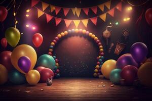 feestelijk partij met ballonnen, stadium en slingers. illustratie ai generatief foto
