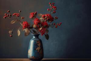 klein boeket van rood bloemen in wijnoogst vaas Aan hout tafel. illustratie ai generatief foto