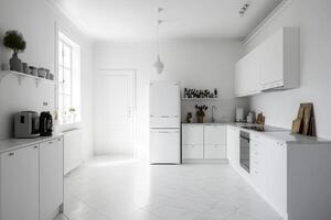 de interieur van een minimalistische keuken met wit muren. illustratie ai generatief foto