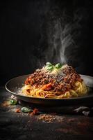 huis gemaakt spaghetti bolognese gemaakt met vlees en pasta. illustratie ai generatief foto