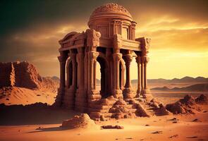 ruïnes van een tempel in de woestijn. oude steen gebouwen. ai gegenereerd foto