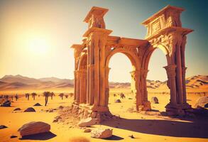 ruïnes van een tempel in de woestijn. oude steen gebouwen. ai gegenereerd foto