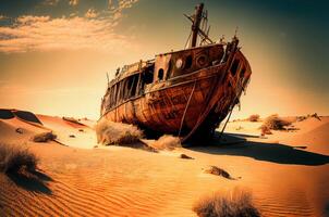 oud lek schip in de woestijn. de schip liep aan de grond Aan een duin. ai gegenereerd foto