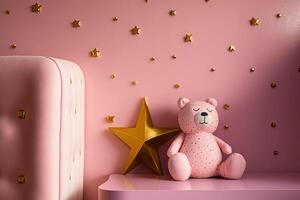 roze muur met goud sterren stickers en teddy beer in de interieur. illustratie ai generatief foto