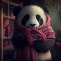 schattig panda vervelend een gebreid sjaal. generatief ai foto