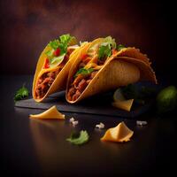 heerlijk taco's snel voedsel Aan een donker achtergrond. generatief ai foto