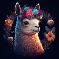 schattig waterverf lama met natuurlijk bloemen generatief ai foto