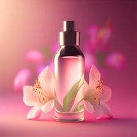 roze glas elegant parfum fles met lelie in bloesem illustratie generatief ai foto