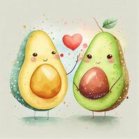 2 waterverf avocado in liefde Aan wit achtergrond. illustratie generatief ai foto