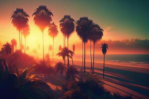 mooi kleurrijk zonsondergang achtergrond tropisch oceaan strand. illustratie generatief ai foto