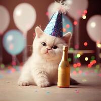 gelukkig verjaardag kat met Champagne fles. generatief ai foto
