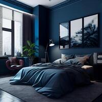 donker blauw minimalistische modern interieur slaapkamer ontwerp. generatief ai foto