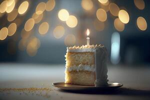 gelukkig verjaardag groet kaart met taart in bokeh achtergrond generatief ai foto
