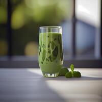 glas van groen smoothie in wit vloer. illustratie generatief ai foto