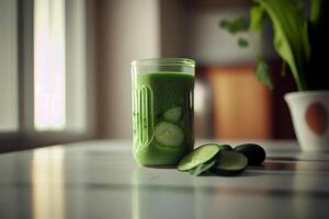 glas van groen smoothie in wit vloer. illustratie generatief ai foto