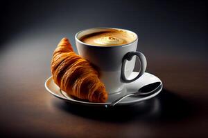 heerlijk espresso koffie wit kop en croissant. illustratie generatief ai foto