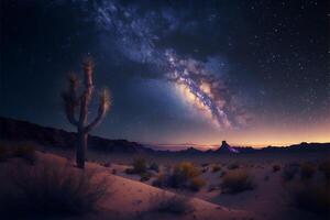 woestijn nacht landschap met cactus bergen en melkachtig manier in de lucht. generatief ai foto