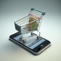 boodschappen doen kar Aan mobiel telefoon scherm. ai foto