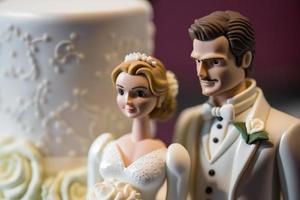bruid en bruidegom Aan top van taart of poppen Aan top van taart. nostalgie en herinneringen van een mooi zo gelukkig huwelijk foto