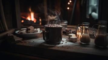 heet chocola met marshmallows in voorkant van een haard in winter foto