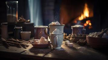 heet chocola met marshmallows in voorkant van een haard in winter foto