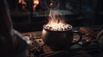 heet chocola met marshmallows in voorkant van een haard in winter foto