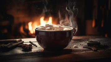 heet chocola met marshmallows in voorkant van een haard in winter foto