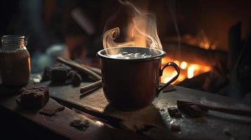 heet chocola met marshmallows in voorkant van een haard in winter foto