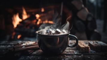 heet chocola met marshmallows in voorkant van een haard in winter foto