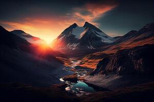 toneel- zonsopkomst in de hoog bergen van de alpen generatief ai foto