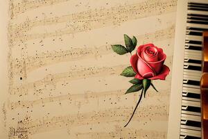 illustratie roos met muziek- papier over klassiek piano foto