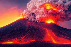 3d illustratie van vulkanisch uitbarsting met een lava stromen foto