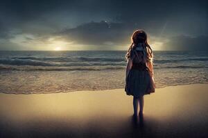 illustratie van een meisje Aan de strand Bij nacht foto