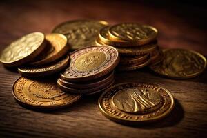 ai gegenereerd goud munten Aan een houten tafel. symbool van rijkdom en geld. gouden achtergrond. foto