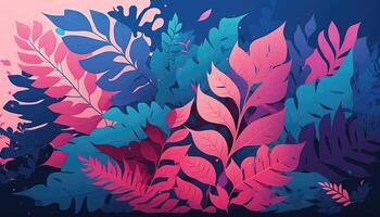 roze en blauw gebladerte decoratief achtergrond in vlak stijl divers abstract tropisch bladeren Aan een donker achtergrond. generatief ai. foto