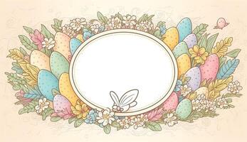 gelukkig Pasen groet kaart in tekening vlak stijl met ei en minimalistisch vlak kleur bloemen. leeg ruimte voor uw groet tekst. generatief ai. foto