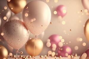 vakantie groet achtergrond met roze en goud ballonnen wazig achtergrond en confetti. generatief ai. foto