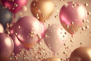 vakantie groet achtergrond met roze en goud ballonnen wazig achtergrond en confetti. generatief ai. foto