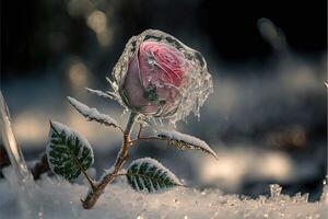 bevroren magie rood roos in de sneeuw romantisch achtergrond. foto