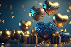 feestelijk achtergrond met blauw goud ballonnen en cadeaus voor nieuw jaar of Valentijnsdag dag of ieder andere vakantie. generatief ai. foto