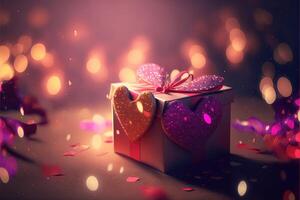 realistisch felicitatie- blured achtergrond met geschenk doos en harten en licht Effecten generatief ai. foto
