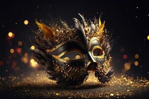 realistisch feestelijk achtergrond met overladen maskerade carnaval masker, veren, pailletten en confetti. generatief ai foto