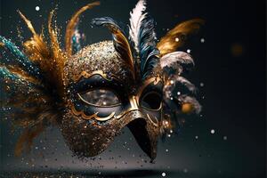 realistisch feestelijk achtergrond met overladen maskerade carnaval masker, veren, pailletten en confetti. generatief ai foto